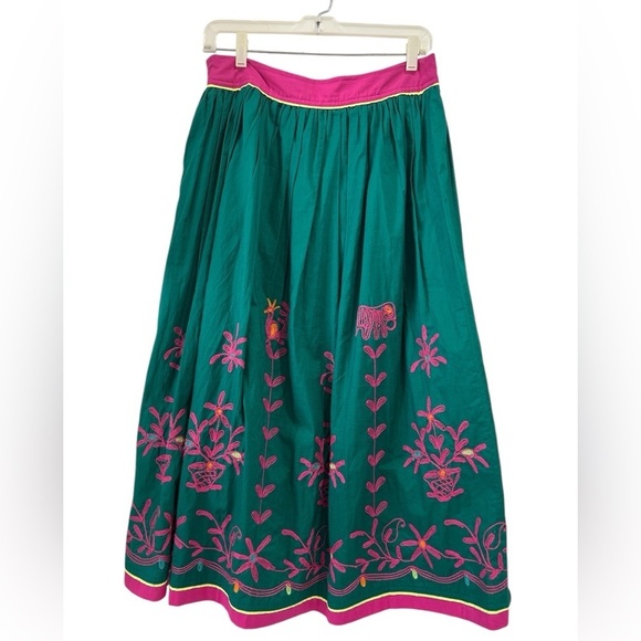 WD.NY Green Pink Embroidered Boho Floral Animal Cotton Midi Skirt - Size 6 - Picture 2 of 11